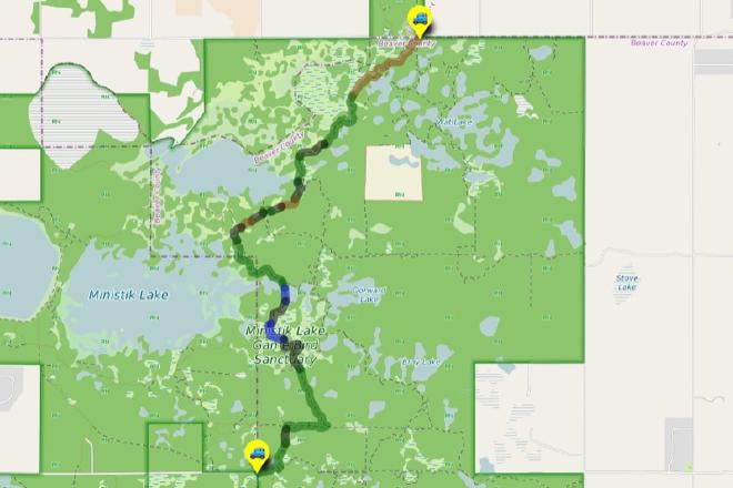 Hike route: UofA Access Road Gate via Five Meadows to Mandy Lake Parking